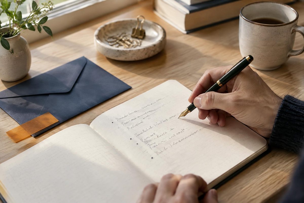 Hand writing short notes with a fountain pen in an open notebook, next to a navy envelope with an amber tab