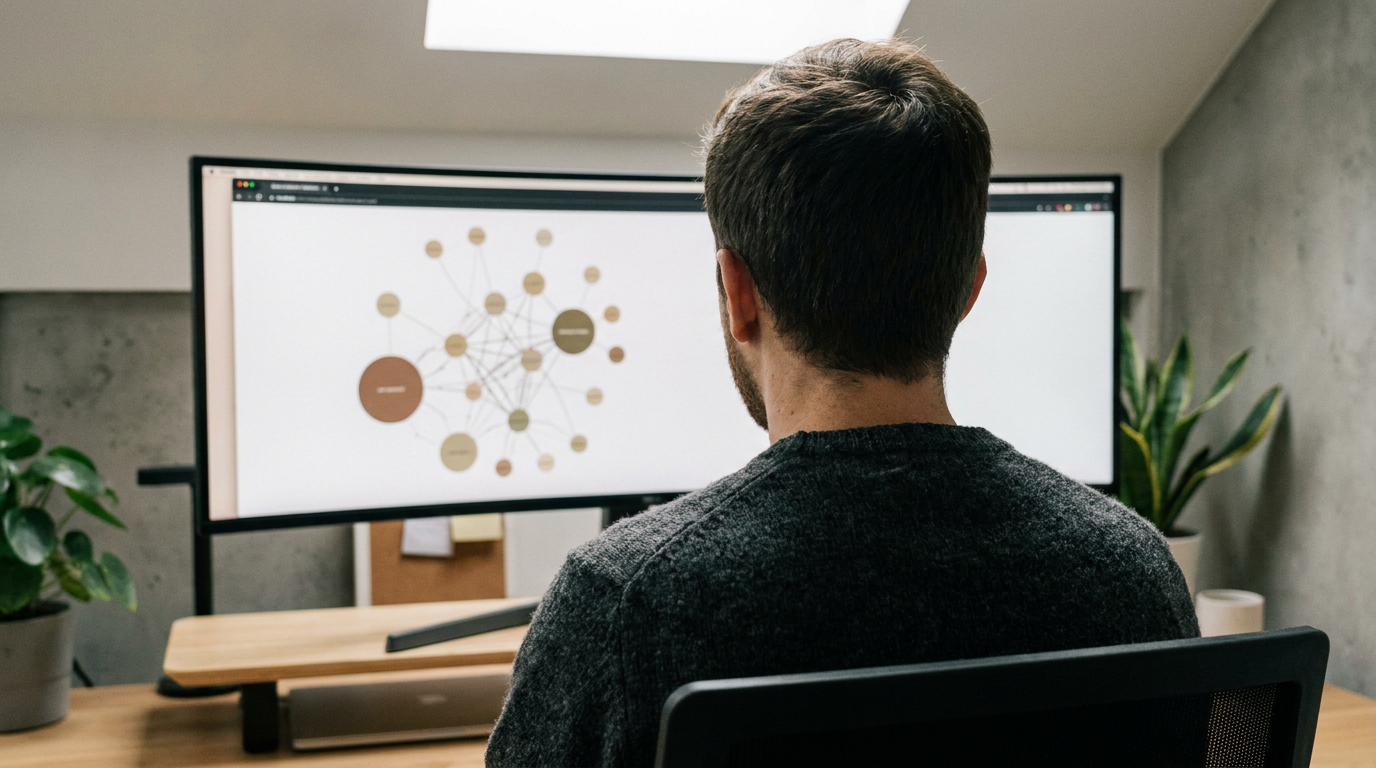 A Platform Engineer views an abstract cluster topology on a large monitor.