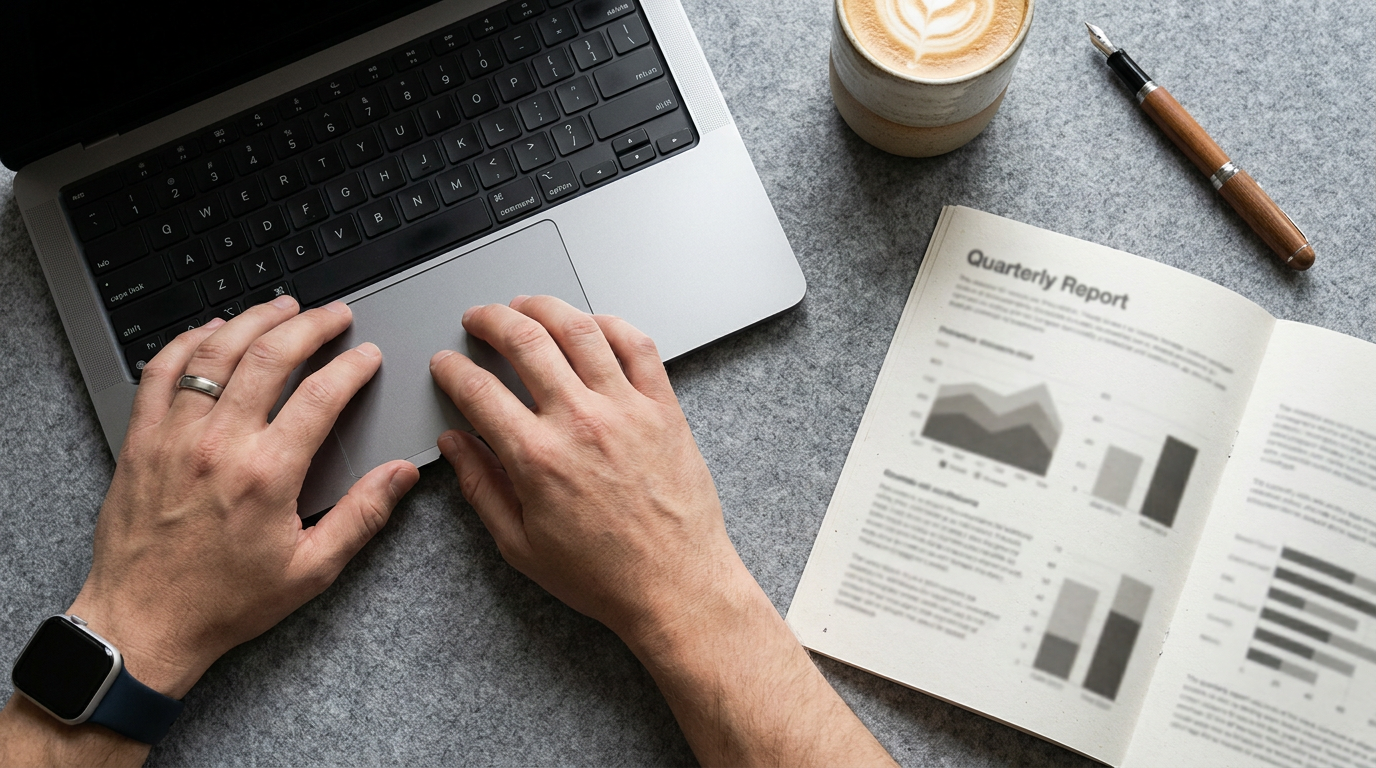 A consultant analyzes BI key figures on a laptop next to a printed quarterly report.