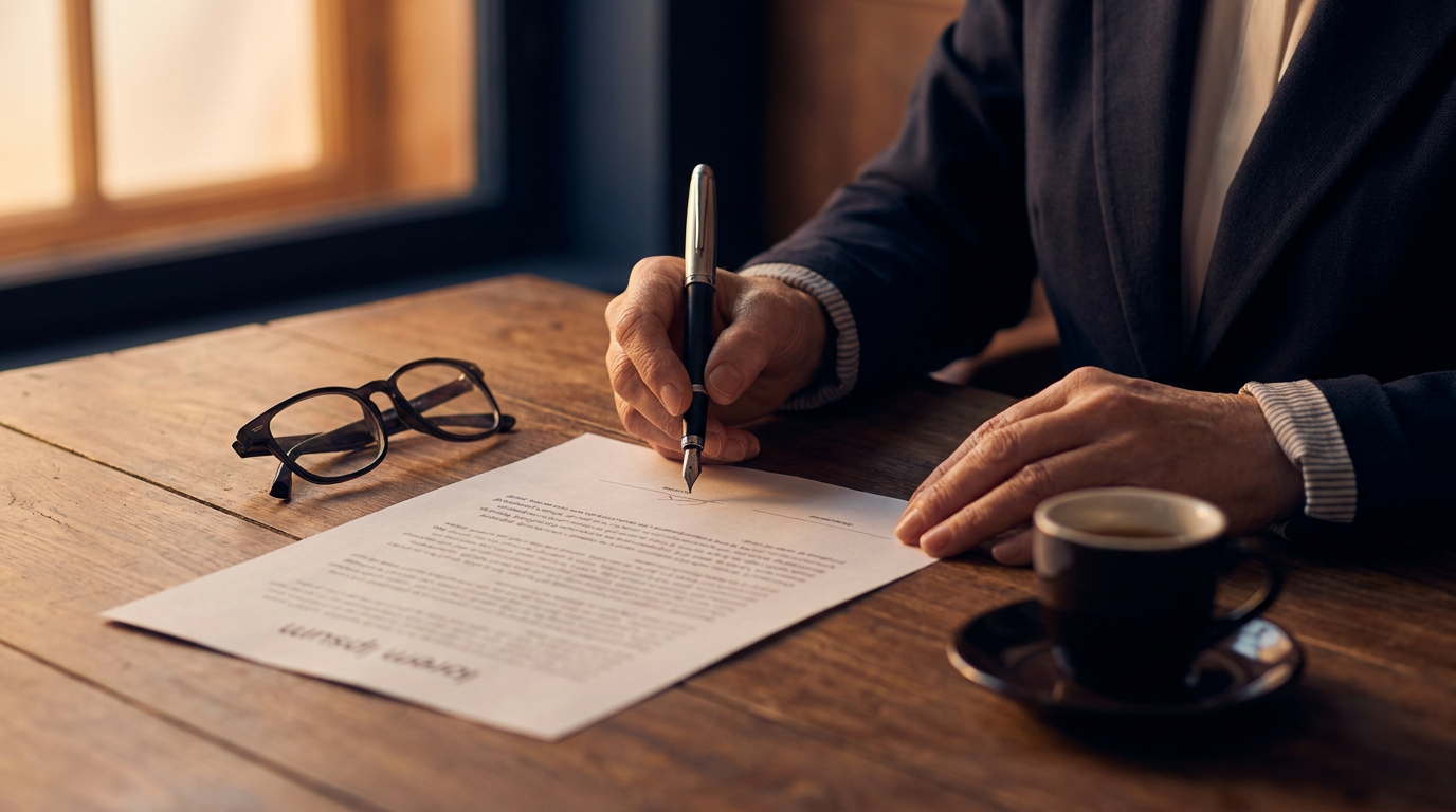 A senior contractor signs a Werkvertrag — the moment of choosing real freelancing over ANÜ.