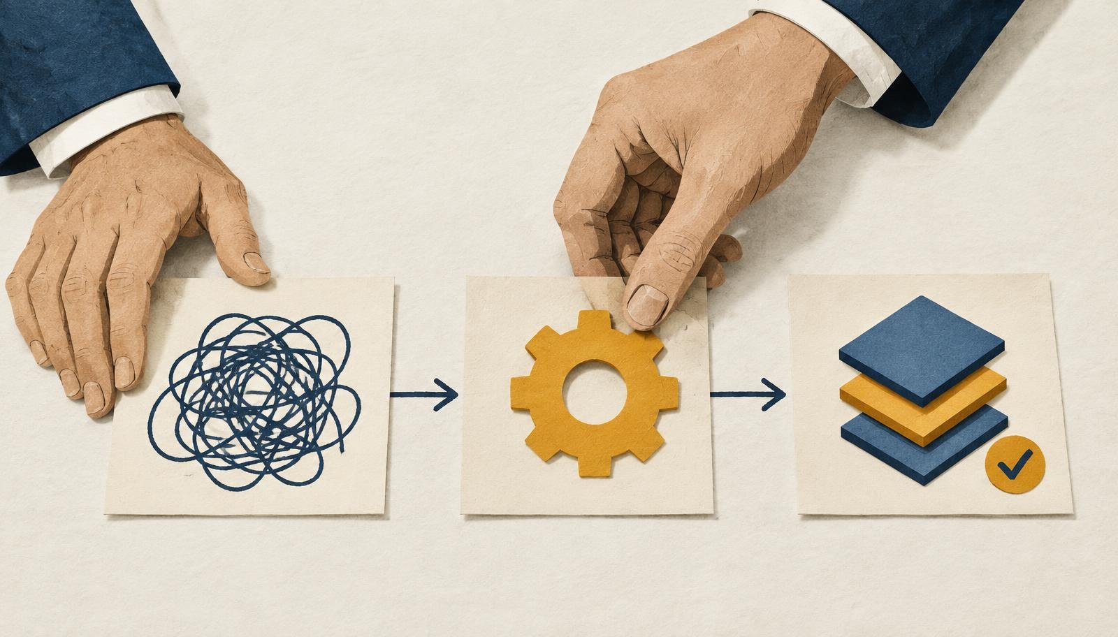 Illustration: three cards on a table linked by arrows – a tangled line, a gear, and a neat stack with a checkmark
