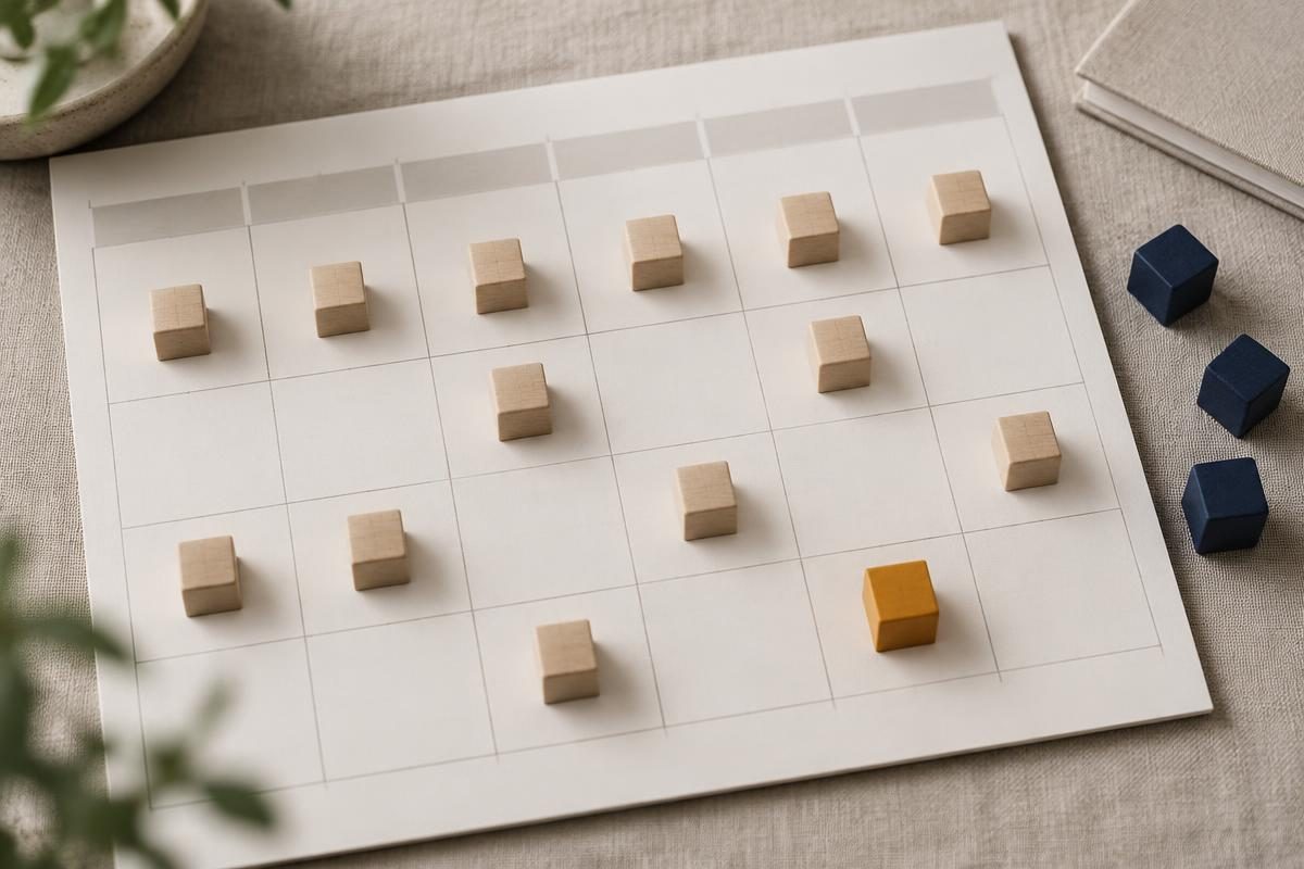 Paper weekly planner with wooden blocks on the day squares and three navy blocks set aside as reserved time